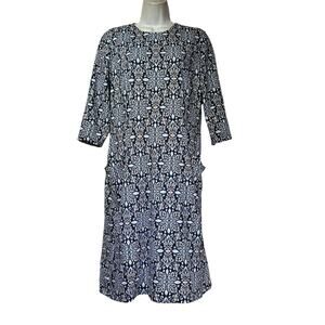 J. McLaughlin Blue Beige Scroll Midi Dress Size L Pockets Modest Classic Boho